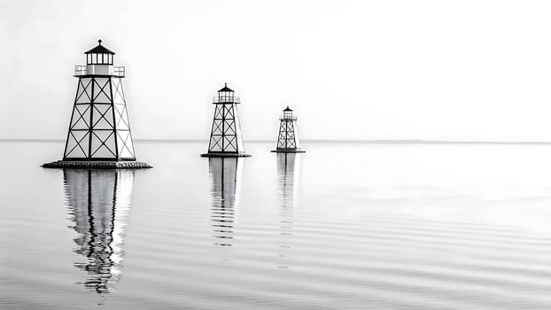 Three light houses in the water with a reflection photo