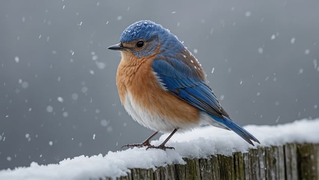 A blue bird sitting on a wooden fence in the snow photo