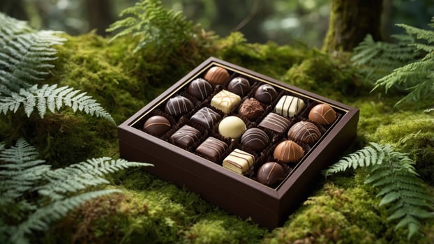 Chocolates in a wooden box on a moss covered ground photo