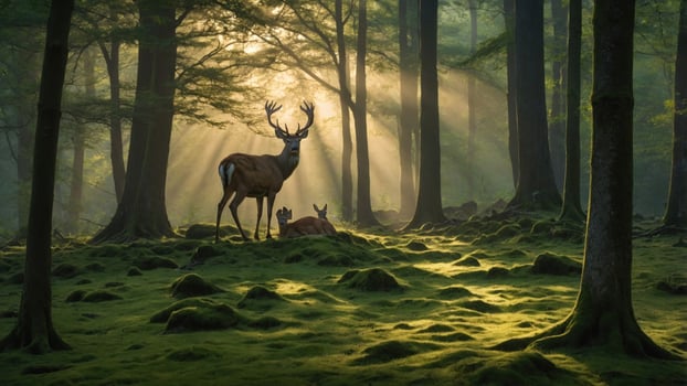 Majestic deer grazing peacefully in a sunlit forest, surrounded by lush greenery and soft moss photo