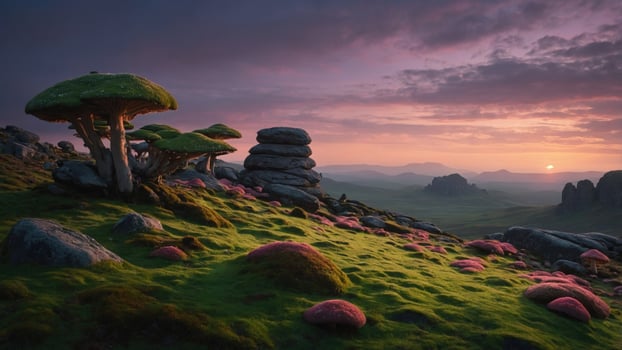 Enchanting landscape featuring unique mushroom formations at sunset with distant mountains and lush greenery photo