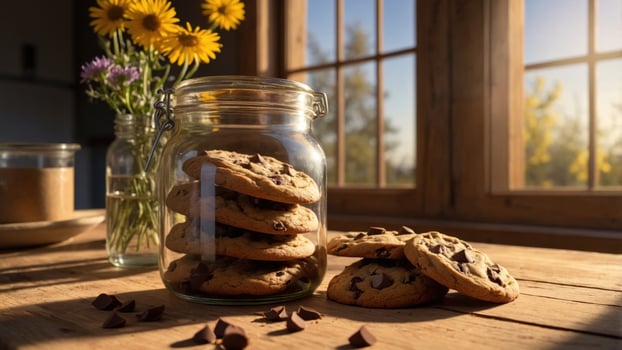 Chocolate chip cookies in a jar on a wooden table photo