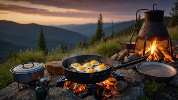 Scenic outdoor cooking with eggs frying in a pan over a campfire, surrounded by mountains at sunset photo