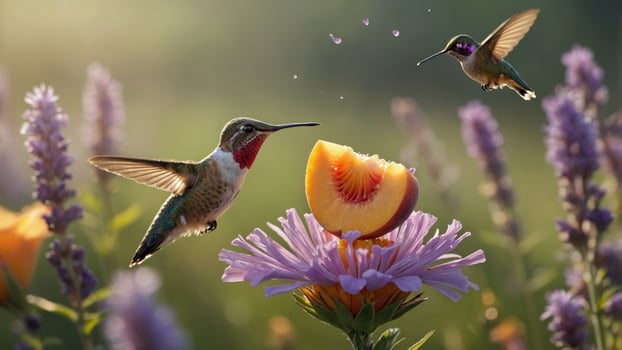 Two vibrant hummingbirds feeding on a peach slice atop a colorful flower in a serene garden setting photo