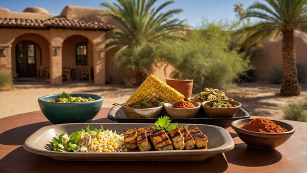 Vibrant outdoor dining scene featuring grilled dishes and colorful sides in a desert setting photo