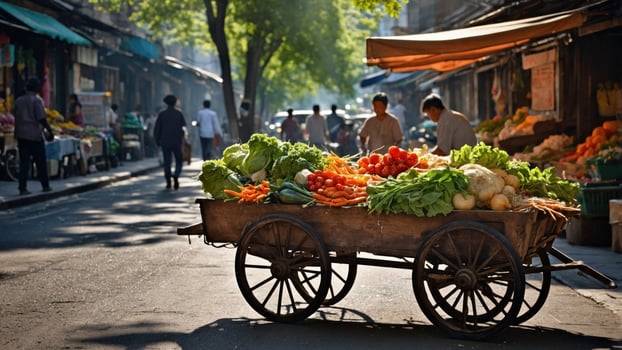 Vibrant street market scene with a vegetable cart, bustling vendors, and shoppers in the background photo