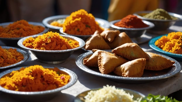 Vibrant display of colorful spices and snacks at a bustling market, showcasing local cuisine and culture photo
