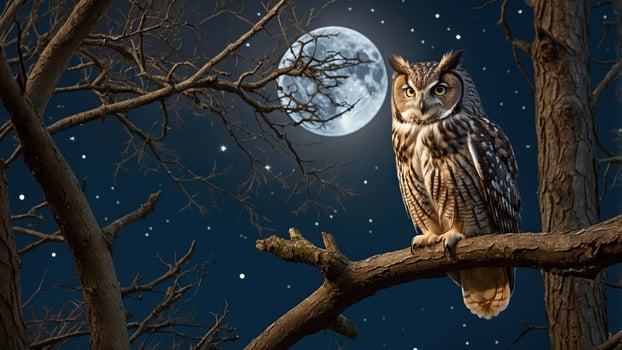 Majestic owl perched on a branch under a full moon, surrounded by starry night sky and trees photo