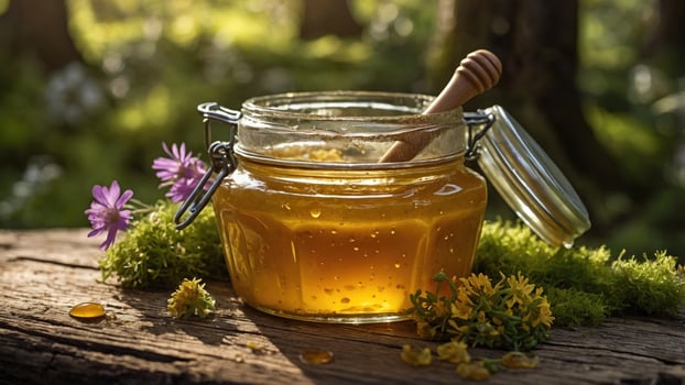 Jar of golden honey with a wooden dipper placed on a mossy log in a sunlit forest setting photo