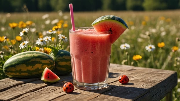 Refreshing watermelon smoothie in a glass with pink straw, surrounded by fresh fruits in a sunny field photo