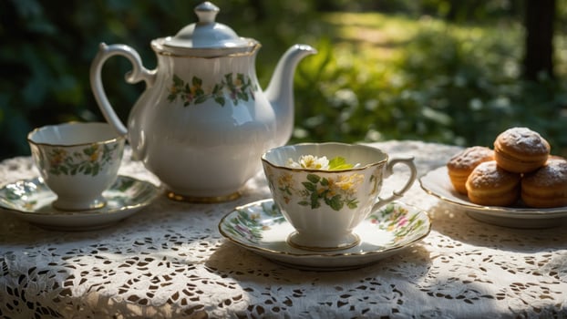 Elegant tea set with floral design on a lace tablecloth in a serene garden setting photo