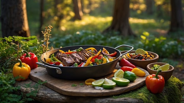 Vibrant outdoor cooking scene featuring grilled steak and colorful vegetables in a serene forest setting photo
