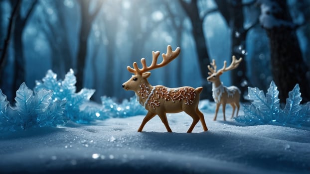 Playful reindeer figurines walking through a snowy forest with sparkling ice crystals in the background photo