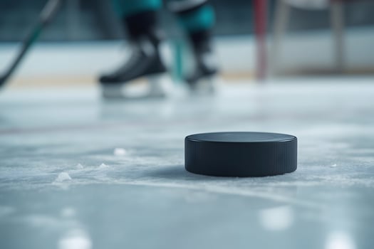An ice hockey puck sits on the ice photo