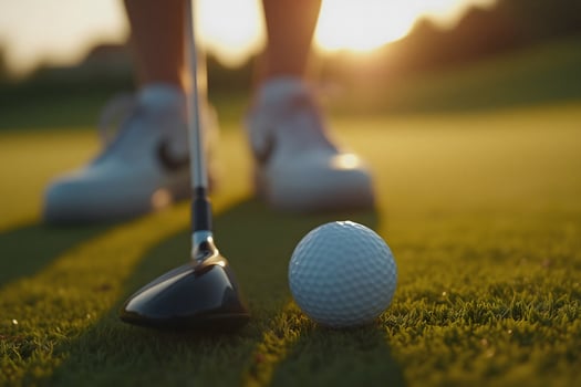 A person's feet are on the grass with a golf ball photo