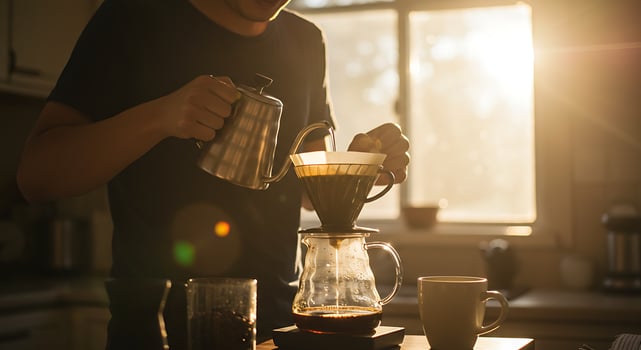Person brewing coffee in sunlight photo