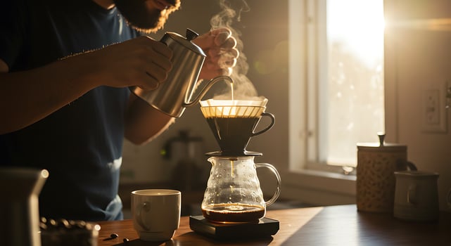 Person Pouring Hot Coffee Into Drip Coffee Maker in Bright Kitchen photo