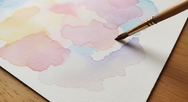 Colorful Watercolor Paintings on White Paper with Brush in Artistic Studio Setting photo