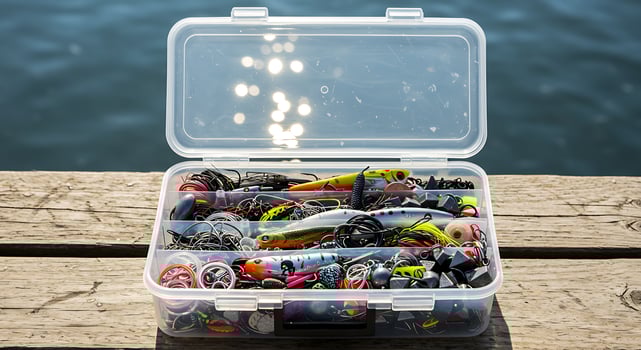 Open Plastic Container Filled with Fishing Lures on Wooden Dock by Water photo
