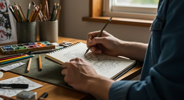 Artist Drawing Cartoon Characters in Sketchbook on Wooden Desk with Colored Pencils photo
