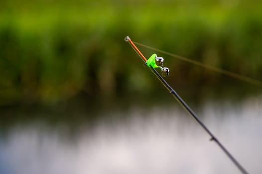 A fishing rod with a green and black hook photo