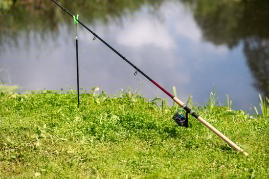 A fishing rod and reel sitting on the grass photo