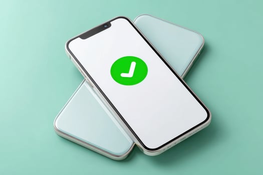 Smartphone showing green check mark on turquoise background photo