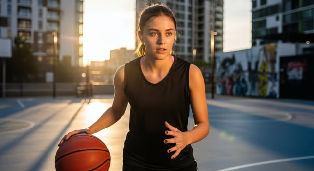 Gen Z basketball training, urban court, female player athletic drills, sporty lifestyle photo