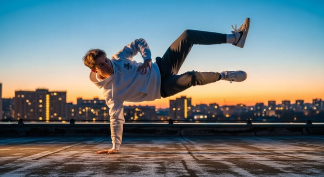 Dynamic breakdancer striking a pose against the backdrop of an urban sunset showcasing gen Z photo