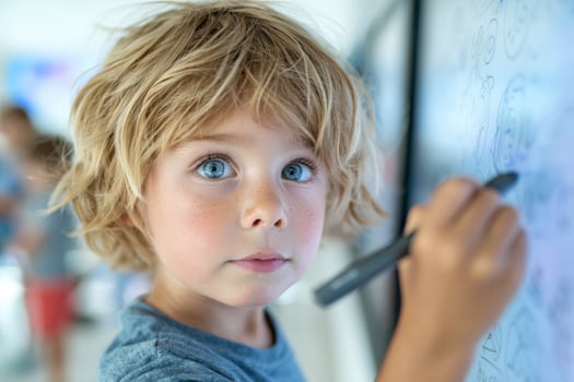 Blond boy drawing on touchscreen with digital pen in classroom photo