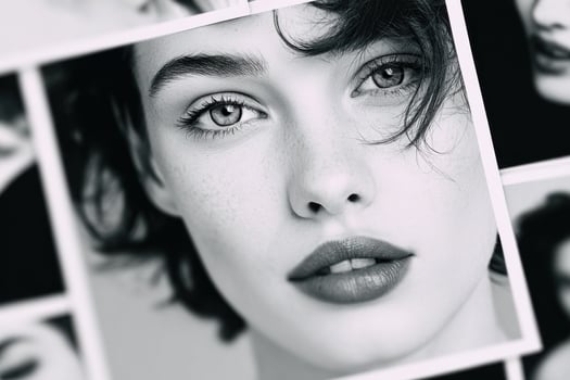 Close-up of model posing for black and white beauty portraits photo