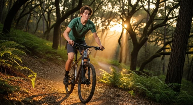 Gen Z athlete conquers nature trails with the thrill of mountain biking adventure photo