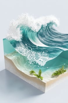Isometric infographic of tsunami approaching tropical beach photo