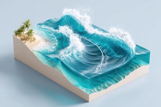 Tsunami simulation infographic showing a big wave engulfing a small island photo