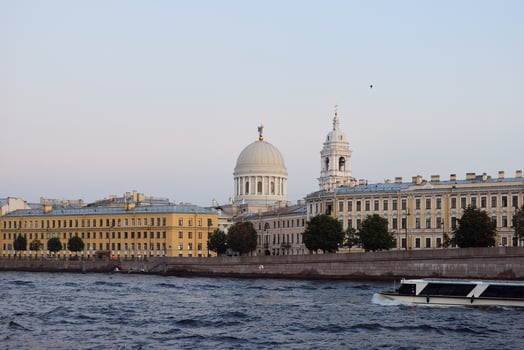 St. Petersburg Riverfront glows beautifully in the evening, highlighting its architecture and city photo
