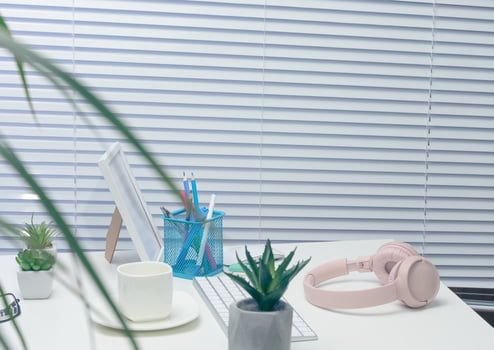 Desk with white keyboard, pink headphones, potted cacti, photo frame and pen holder
