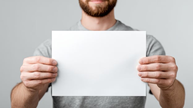 Man holding up blank paper with his hands photo