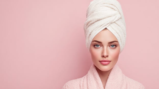 Beautiful woman with towel on pink background photo