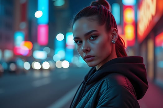 A woman in black hoodie standing in the middle of a city street at night photo