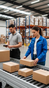Warehouse Workers Processing Packages on Conveyor Belt with Barcode Scanner photo