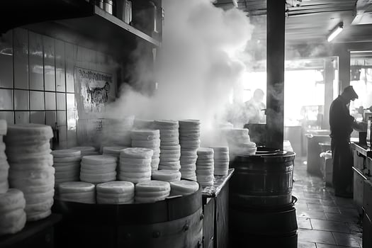Dairy production in steam filled factory with worker. photo