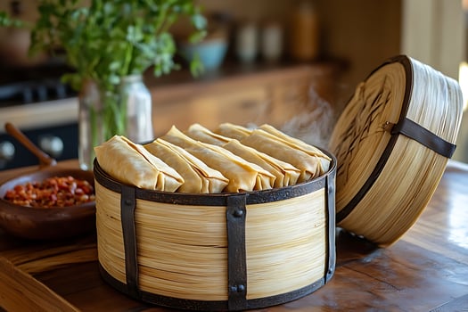 Delicious Spring Rolls Steaming in a Bamboo Steamer Basket Kitchen Scene. photo