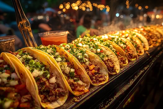 Delicious street food tacos served with a side of salsa and a blurry background. photo