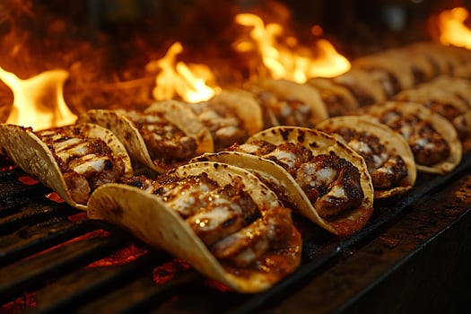Delicious Tacos Grilling Over Fiery Hot Coals. photo
