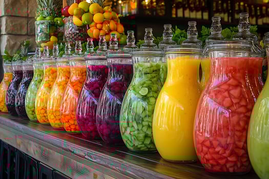 Vibrant selection of fresh fruit infused waters and juices displayed in glass dispensers. photo