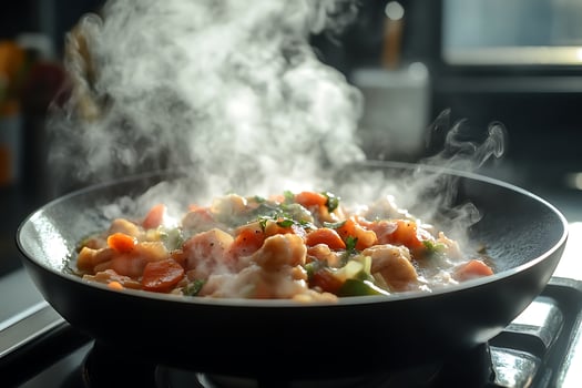 Delicious Steaming Food Cooking in a Hot Pan with Fresh Ingredients. photo