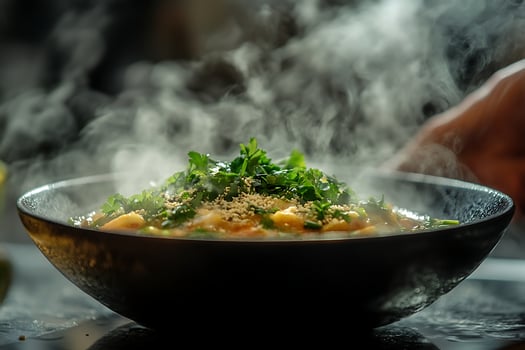 Steaming Hot Noodle Bowl Garnished with Fresh Herbs and Seeds. photo
