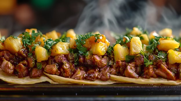 Sizzling Steaming Tacos with Pineapple and Cilantro Close Up. photo