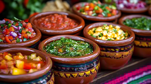 Colorful Fiesta of Fresh Diced Salsa Dishes Ready to Enjoy. photo