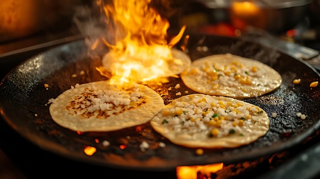 Savory Tortillas Sizzling With Fresh Toppings on a Hot Griddle. photo